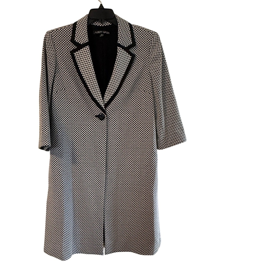 Albert Nipon Ivory Black Patterned Duster Coat Single Button 3/4 Sleeve Size 12